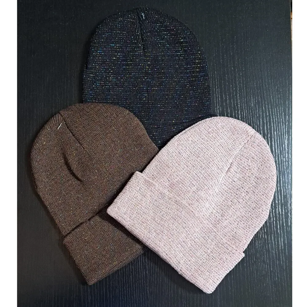 3 Winter Knit Toboggan Beanie Hats Solid Color With Rainbow Sparkle Threads OSFM